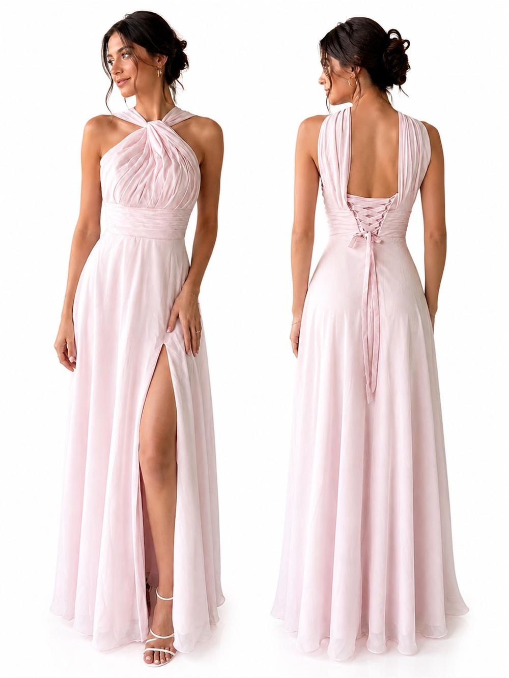 Romantic Blush Pink Halter Prom Dress with Lace-Up Back